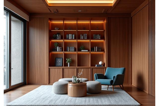 Mooi houten wandpaneel en ingebouwde boekenkast in een architectonisch interieur.