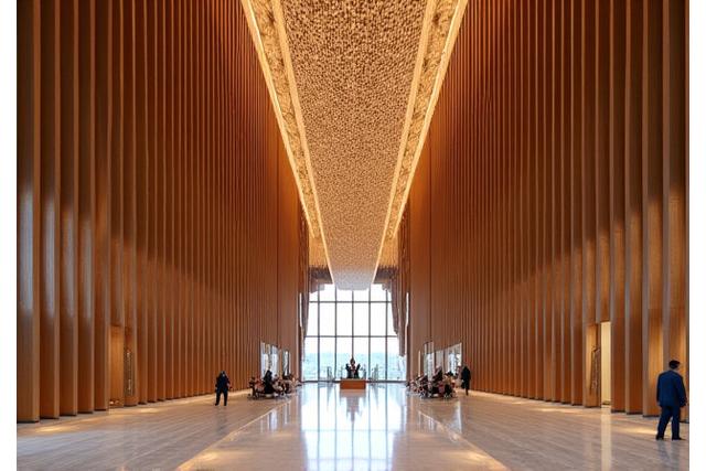 Grootschalige, moderne houten installatie in een commerciële lobby.