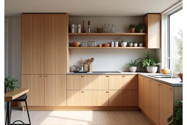 Moderne keuken met op maat gemaakte houten kasten en een eiland.