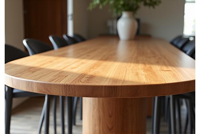 Op maat ontworpen houten tafel in een moderne setting.