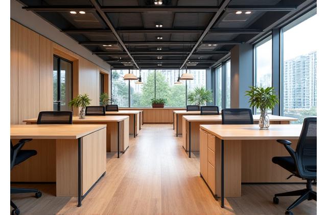 Maatwerk kantoorinrichting in Rotterdam met houten bureaus