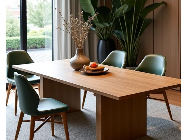 Op maat gemaakte eiken eettafel met strak design, prominent middelpunt van de woonkamer.