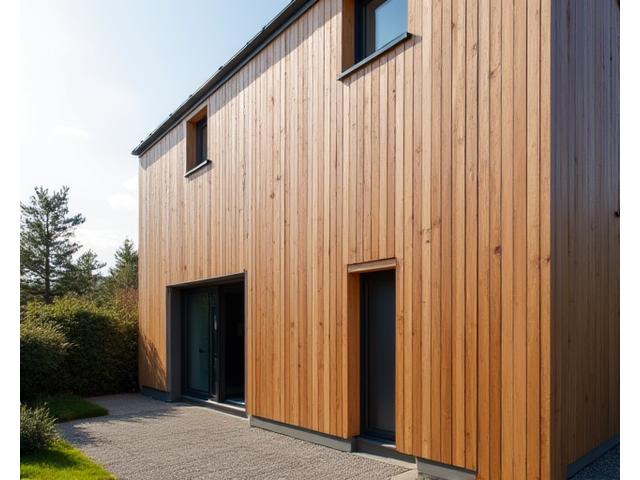 Duurzame houten gevelbekleding op een modern woonhuis, met natuurlijke uitstraling.