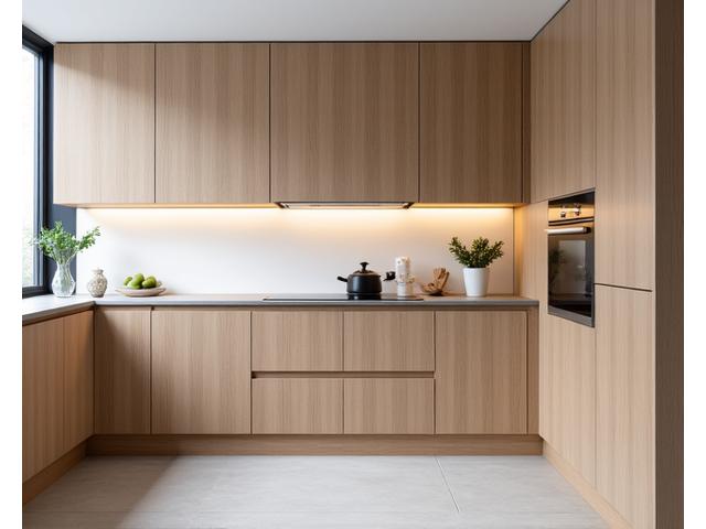 Moderne keuken met eikenfineer kasten en een strakke, functionele indeling.