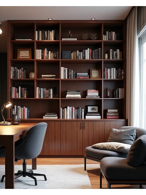 Volledig geïntegreerde, op maat gemaakte boekenwand van donker hout in een moderne studeerkamer.