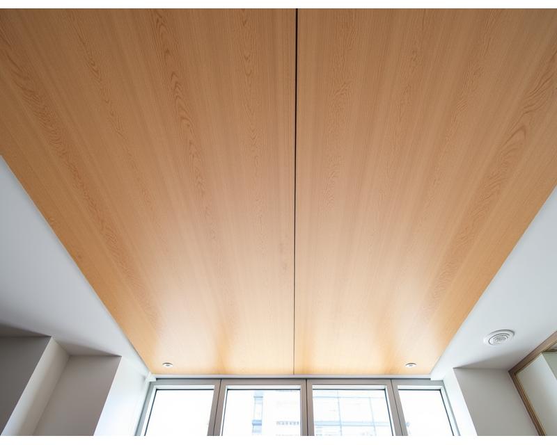Op maat gemaakte houten plafondpanelen in een vergaderruimte, voor verbeterde akoestiek en esthetiek.