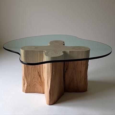Unieke salontafel gemaakt van teruggewonnen rivierhout met glazen blad.